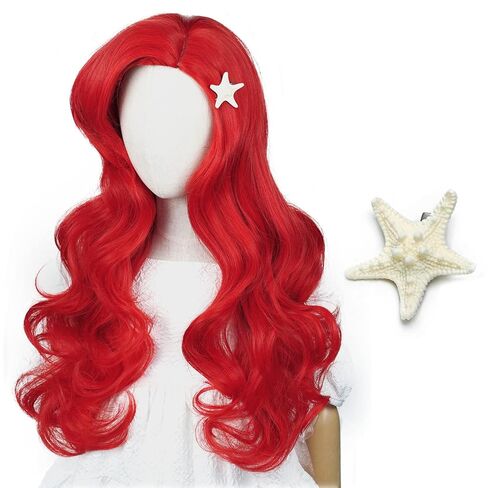 Aicos Wine Red Curly Kid Mermaid Wig, Long Wavy Fashion Princess Cosplay Wig with Starfish Hair Clips (Wine Red) in Kuwait