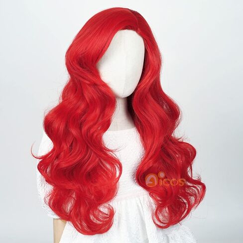 Aicos Wine Red Curly Kid Mermaid Wig, Long Wavy Fashion Princess Cosplay Wig with Starfish Hair Clips (Wine Red) in Kuwait