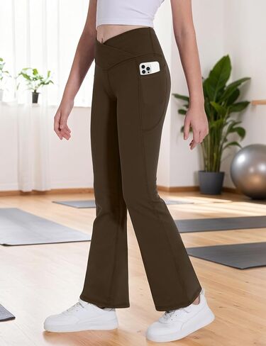 Girl's Fleece Lined Flare Leggings with Pockets Crossover High Waisted Dance Bootcut Yoga Pants for Winter in Saudi Arabia