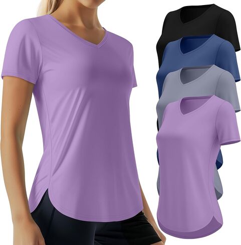 4 حزمة للنساء قصيرة الأكمام التمرين T قميص شقوق منحنية المنحنية V Vecn Teptable Tops Tops Quick Dry UV Tee in Kuwait