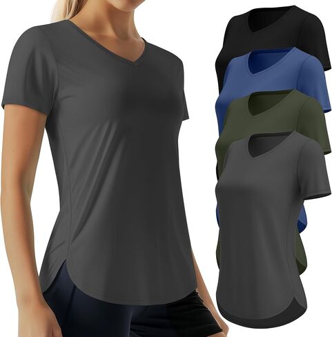 4 Pack Women's Quick Dry Workout Tops Exercise V Neck Short Sleeve Gym Side Slits Curved Hem UV Shirts in Kuwait