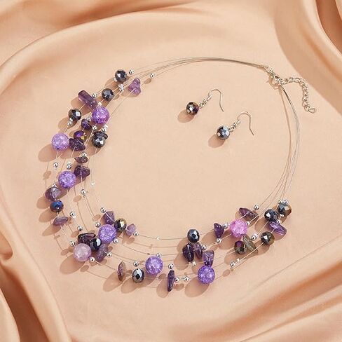 Pingyongchang Bohemian 3- Layer Illusion Thread Long Necklace Earrings set with Ladies Crystal beads in Saudi Arabia