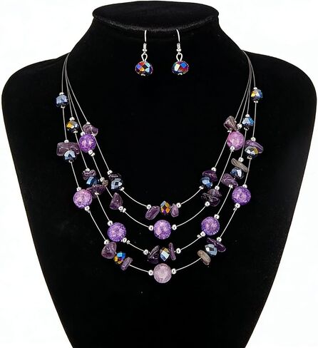 Pingyongchang Bohemian 3- Layer Illusion Thread Long Necklace Earrings set with Ladies Crystal beads in Saudi Arabia