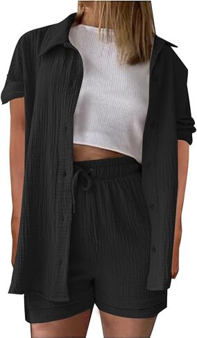 2 Piece Outfits for Women Summer Casual Lounge Set Short Sleeve Button Down Shirts and Shorts Beach Outfit Cruisewear in Saudi Arabia