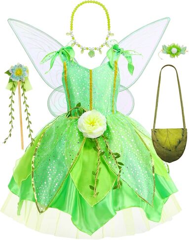 أزياء الأميرة الجنية مجموعة مع أجنحة ، فستان عيد ميلاد الفتيات هالوين ، وعصابة رأس الأزهار والعصا 3-10y in Kuwait