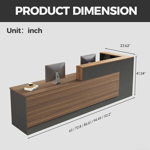 مكتب استقبال حديث مع منضدة، ومحطات عمل واسعة، ومساحة تخزين واسعة للمكتب، والصالون، ومتجر البيع بالتجزئة (جوز+حديد رمادي/يسار، 87 بوصة طول * 24 بوصة عرض * 41 بوصة ارتفاع) in Kuwait
