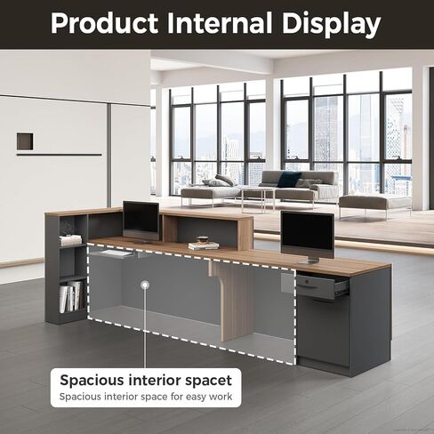 مكتب استقبال حديث مع منضدة، ومحطات عمل واسعة، ومساحة تخزين واسعة للمكتب، والصالون، ومتجر البيع بالتجزئة (جوز+حديد رمادي/يسار، 87 بوصة طول * 24 بوصة عرض * 41 بوصة ارتفاع) in Kuwait