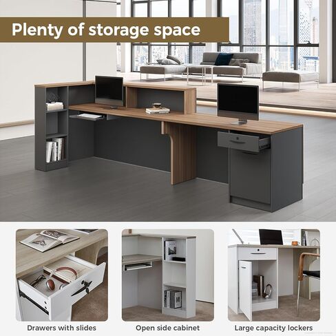 مكتب استقبال حديث مع منضدة، ومحطات عمل واسعة، ومساحة تخزين واسعة للمكتب، والصالون، ومتجر البيع بالتجزئة (جوز+حديد رمادي/يسار، 87 بوصة طول * 24 بوصة عرض * 41 بوصة ارتفاع) in Kuwait