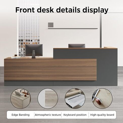 مكتب استقبال حديث مع منضدة، ومحطات عمل واسعة، ومساحة تخزين واسعة للمكتب، والصالون، ومتجر البيع بالتجزئة (جوز+حديد رمادي/يسار، 87 بوصة طول * 24 بوصة عرض * 41 بوصة ارتفاع) in Kuwait