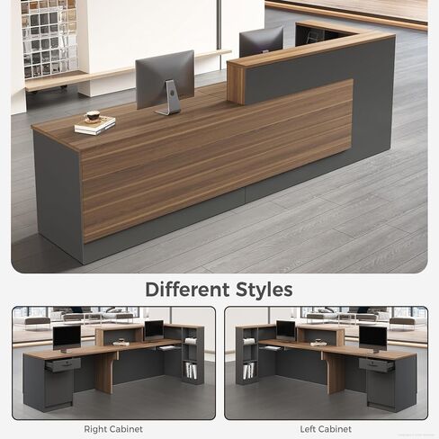 مكتب استقبال حديث مع منضدة، ومحطات عمل واسعة، ومساحة تخزين واسعة للمكتب، والصالون، ومتجر البيع بالتجزئة (جوز+حديد رمادي/يسار، 87 بوصة طول * 24 بوصة عرض * 41 بوصة ارتفاع) in Kuwait