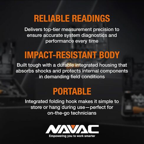 NAVAC N2A4 مقياس المنوع | دقة الفئة 1.0 | مقياس HVAC المقاوم للصدمات | هيكل من الألومنيوم وغطاء مطاطي | شاشة تناظرية سهلة القراءة | خطاف قابل للطي | ضمان لمدة سنة واحدة in Kuwait