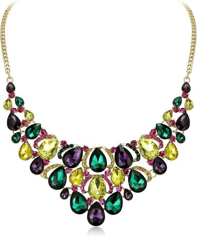 EVER FAITH Rhinestone Crystal Carnival Holiday Colorful Teardrop Chunky Mardi Gras Bid Collar Statement Necklace for Women Purple Green Yellow Gold-Tone in Saudi Arabia