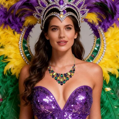 EVER FAITH Rhinestone Crystal Carnival Holiday Colorful Teardrop Chunky Mardi Gras Bid Collar Statement Necklace for Women Purple Green Yellow Gold-Tone in Saudi Arabia