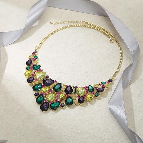 EVER FAITH Rhinestone Crystal Carnival Holiday Colorful Teardrop Chunky Mardi Gras Bid Collar Statement Necklace for Women Purple Green Yellow Gold-Tone in Saudi Arabia
