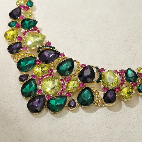 EVER FAITH Rhinestone Crystal Carnival Holiday Colorful Teardrop Chunky Mardi Gras Bid Collar Statement Necklace for Women Purple Green Yellow Gold-Tone in Saudi Arabia
