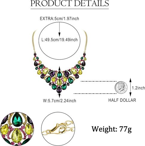 EVER FAITH Rhinestone Crystal Carnival Holiday Colorful Teardrop Chunky Mardi Gras Bid Collar Statement Necklace for Women Purple Green Yellow Gold-Tone in Saudi Arabia