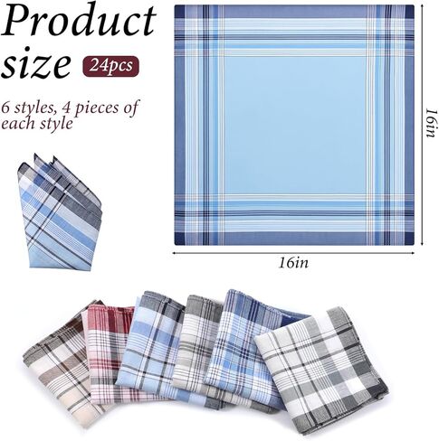 24 Pcs Men's Handkerchiefs, Cotton Handkerchiefs for Men with Elegant Pattern in Assorted Color, Absorbent & Breathable, 15.7x15.7 Inches in Saudi Arabia