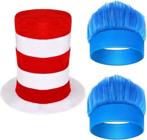 3 PCS Blue Hairy Headband Wig and Red White Striped Top Hat for World Book Day Theme Party Supplies in Saudi Arabia