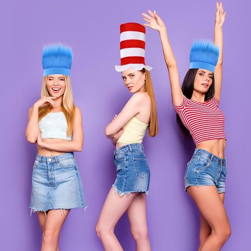 3 PCS Blue Hairy Headband Wig and Red White Striped Top Hat for World Book Day Theme Party Supplies in Saudi Arabia