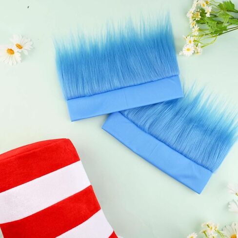 3 PCS Blue Hairy Headband Wig and Red White Striped Top Hat for World Book Day Theme Party Supplies in Saudi Arabia