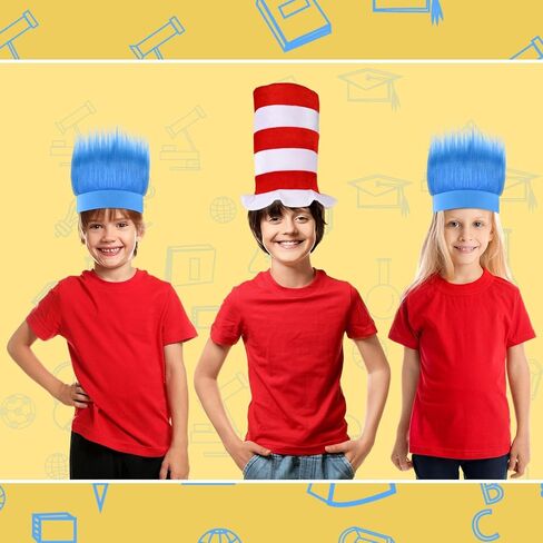 3 PCS Blue Hairy Headband Wig and Red White Striped Top Hat for World Book Day Theme Party Supplies in Saudi Arabia