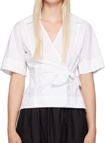 SUNNOW Women's White Wrap Blouse Shirt V-Neck Spread Collar Self Tie Belt Long Sleeve Top in Saudi Arabia