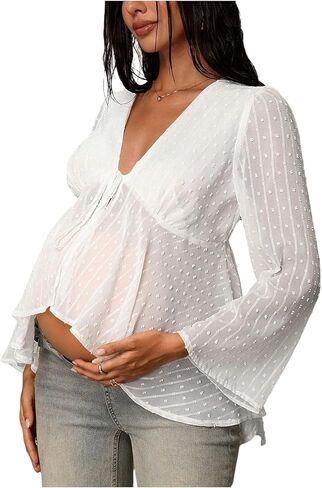 MakeMeChic Women's Maternity Blouses Swiss Dots Long Sleeve V Neck Tie Front Babydoll Tops Shirt in Saudi Arabia