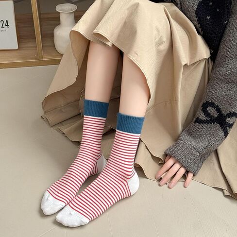 Retro Style Colorful Striped Socks, Vintage Fun Fashion Cute Athletic Aesthetic Cotton Crew Socks for Women in Saudi Arabia