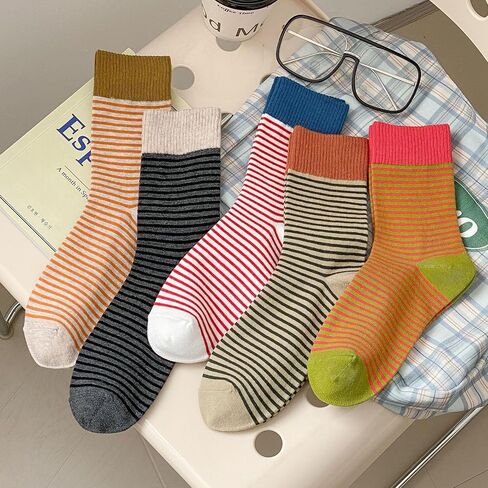 Retro Style Colorful Striped Socks, Vintage Fun Fashion Cute Athletic Aesthetic Cotton Crew Socks for Women in Saudi Arabia