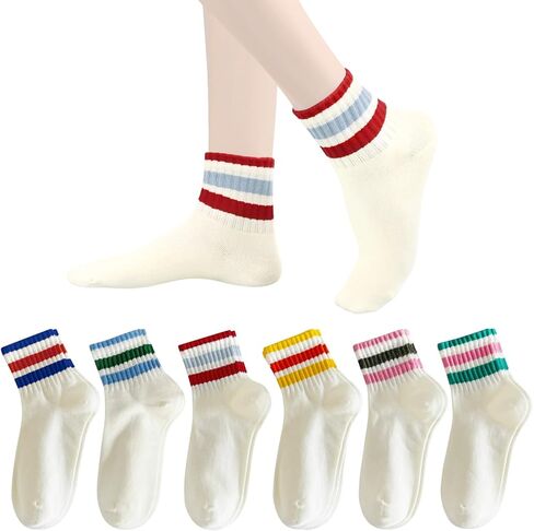 Retro Style Colorful Striped Socks, Vintage Fun Fashion Cute Athletic Aesthetic Cotton Crew Socks for Women in Saudi Arabia