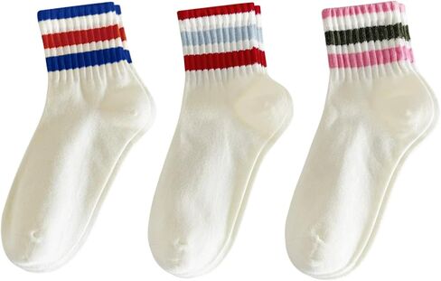 Retro Style Colorful Striped Socks, Vintage Fun Fashion Cute Athletic Aesthetic Cotton Crew Socks for Women in Saudi Arabia