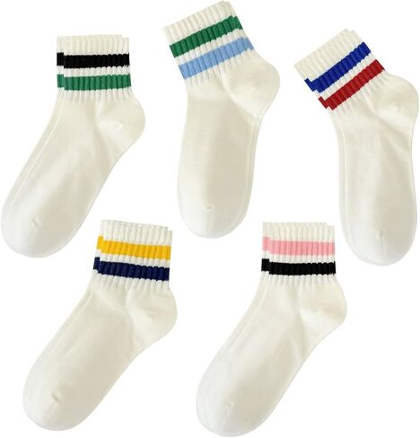 Retro Style Colorful Striped Socks, Vintage Fun Fashion Cute Athletic Aesthetic Cotton Crew Socks for Women in Saudi Arabia