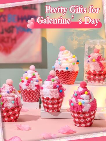 12 مجموعة من هدايا حفلات Galentines من Cosweet - جوارب وردية منفوشة على شكل كب كيك مع صناديق شفافة فردية، هدايا حفلات Galentines in Saudi Arabia