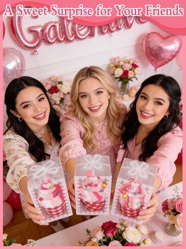 12 مجموعة من هدايا حفلات Galentines من Cosweet - جوارب وردية منفوشة على شكل كب كيك مع صناديق شفافة فردية، هدايا حفلات Galentines in Saudi Arabia