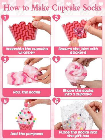 12 مجموعة من هدايا حفلات Galentines من Cosweet - جوارب وردية منفوشة على شكل كب كيك مع صناديق شفافة فردية، هدايا حفلات Galentines in Saudi Arabia