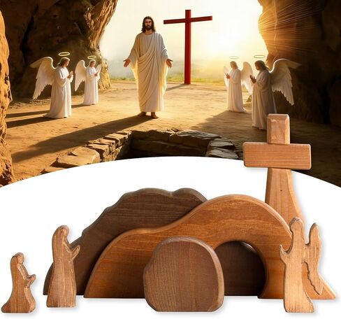 The Empty Tomb Easter Scene Set - 7-Piece, Christian Cross Decorations, Decorations Religious Jesus Tomb Easter Kit Display for The Home, Tabletop, Office - Wooden (Warm-Brown) in Saudi Arabia