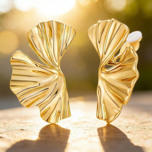 Gold Clip on Earrings for Women Chunky Statement Earrings Vintage Ginkgo Leaf Flower Non Pierced Earrings Fashion 18k Gold Plated Jewelry Gift in Saudi Arabia