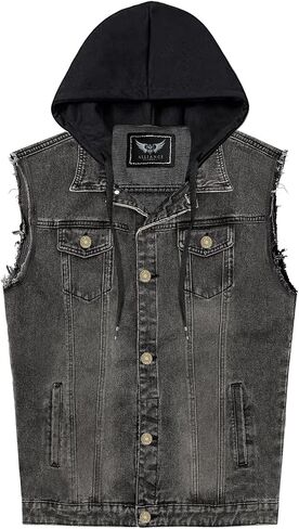 Men's Denim Vest Casual Button Stretchy Distressed Jean Sleeveless Jacket with Hood in Saudi Arabia