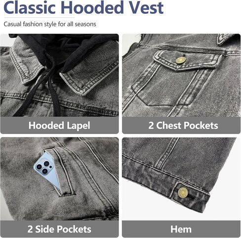 Men's Denim Vest Casual Button Stretchy Distressed Jean Sleeveless Jacket with Hood in Saudi Arabia