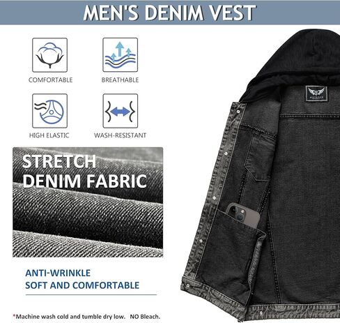 Men's Denim Vest Casual Button Stretchy Distressed Jean Sleeveless Jacket with Hood in Saudi Arabia