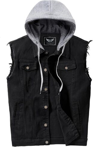 Men's Denim Vest Casual Button Stretchy Distressed Jean Sleeveless Jacket with Hood in Saudi Arabia