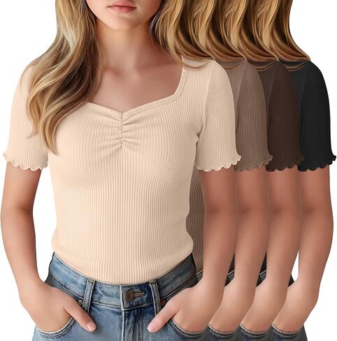4 حزمة فتاة قصيرة الأكمام تيز مضلع الخس تقليم قميص Ruched الحبيب الخامس الرقبة سليم تي شيرت مجسم بلوزة متماسكة in Kuwait