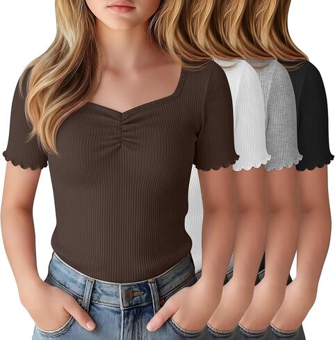 4 حزمة فتاة قصيرة الأكمام تيز مضلع الخس تقليم قميص Ruched الحبيب الخامس الرقبة سليم تي شيرت مجسم بلوزة متماسكة in Kuwait