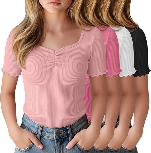 4 حزمة فتاة قصيرة الأكمام تيز مضلع الخس تقليم قميص Ruched الحبيب الخامس الرقبة سليم تي شيرت مجسم بلوزة متماسكة in Kuwait