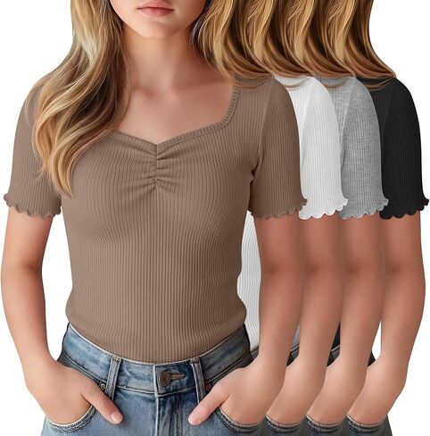 4 حزمة فتاة قصيرة الأكمام تيز مضلع الخس تقليم قميص Ruched الحبيب الخامس الرقبة سليم تي شيرت مجسم بلوزة متماسكة in Kuwait