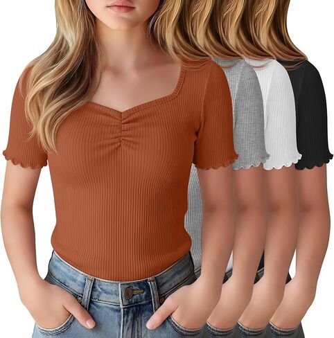 4 حزمة فتاة قصيرة الأكمام تيز مضلع الخس تقليم قميص Ruched الحبيب الخامس الرقبة سليم تي شيرت مجسم بلوزة متماسكة in Kuwait