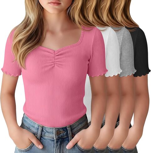 4 حزمة فتاة قصيرة الأكمام تيز مضلع الخس تقليم قميص Ruched الحبيب الخامس الرقبة سليم تي شيرت مجسم بلوزة متماسكة in Kuwait
