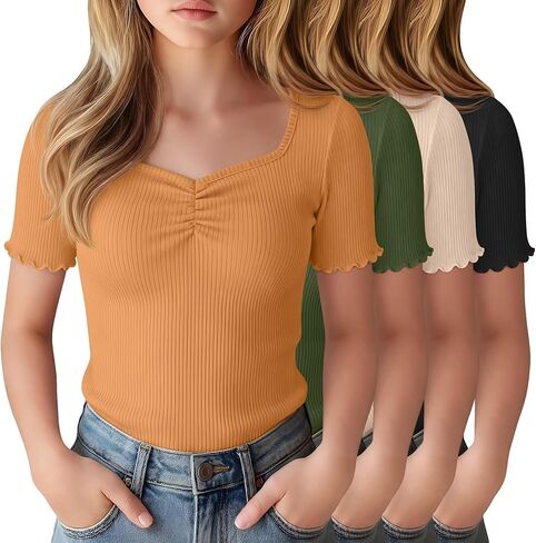 4 حزمة فتاة قصيرة الأكمام تيز مضلع الخس تقليم قميص Ruched الحبيب الخامس الرقبة سليم تي شيرت مجسم بلوزة متماسكة in Kuwait