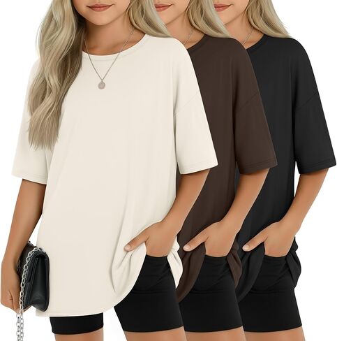 3 Pack Girls Oversized Shirts Kids Short Sleeve Crew Neck Tops Trendy Summer Basic Tees Loose Fit 5-14 Years in Saudi Arabia