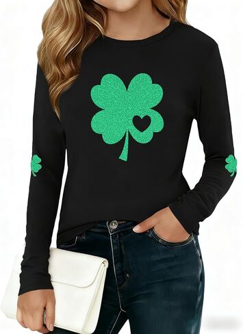 قميص للفتيات لعيد القديس باتريك: تي شيرت للأطفال الأيرلنديين شامروك تي شيرت St Patty's Lucky بأكمام طويلة من 5 إلى 14 سنة in Kuwait